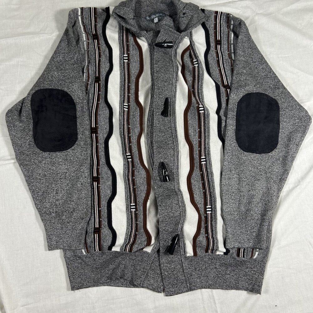 Silversilk Mens L Sweater cardigan Linen Silk Blend  Grandpacore gray patches